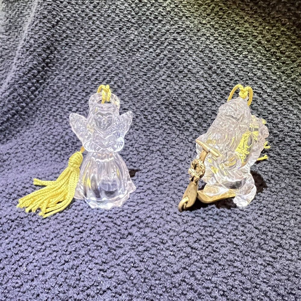 Gorham Lead Crystal 3” Angel Bible & Santa Scooter Christmas Ornaments Germany